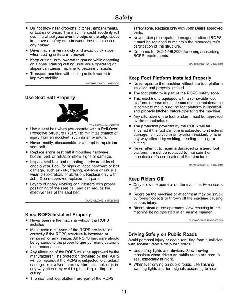 May include: A safety manual page with black text on a white background. The page includes safety guidelines for operating machinery, covering topics like seat belt use, ROPS installation, and safe driving practices on public roads.