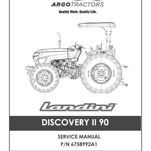 May include: A service manual cover for a Landini Discovery II 90 tractor. The image features a detailed illustration of the tractor, with the Argo Tractors logo at the top. The manual's title and part number are prominently displayed.