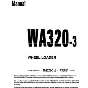 May include: A white shop manual cover with the text "Shop Manual" at the top. The title "WA320-3 WHEEL LOADER" is prominently displayed. The serial numbers WA320-3LE - A30001 are also visible.