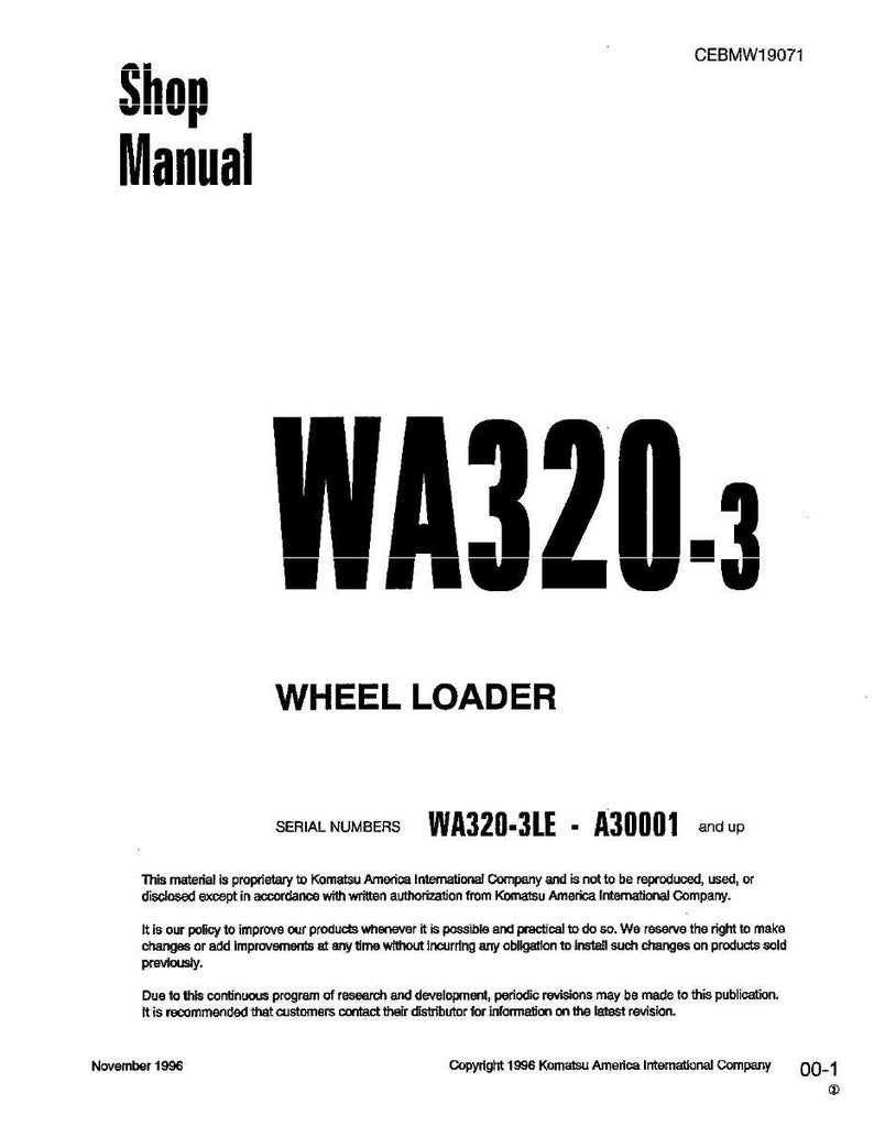 May include: A white shop manual cover with the text "Shop Manual" at the top. The title "WA320-3 WHEEL LOADER" is prominently displayed. The serial numbers WA320-3LE - A30001 are also visible.