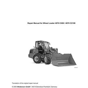 May include: A repair manual for a Weidemann wheel loader, model 4070 CX80 / CX100. The image shows a grayscale photograph of the wheel loader and the manual's title. The Weidemann logo is at the top.