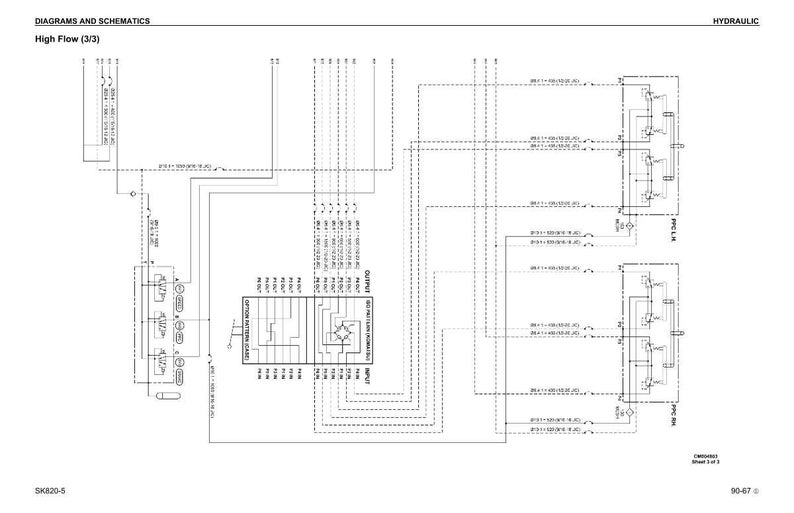 May include: Diagram of a hydraulic system with the title "High Flow (3/3)". The diagram is a schematic with lines, boxes, and labels. The text "Diagrams and Schematics" is at the top left.