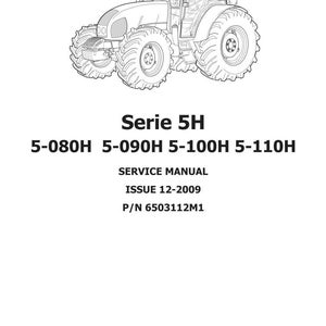 Może przedstawiać: Rysunek linii ciągnika z tekstem "Serie 5H" i numerami modeli. Pod obrazem ciągnika znajdują się słowa "SERVICE MANUAL" i "ISSUE 12-2009". Numer części to P/N 6503112M1.