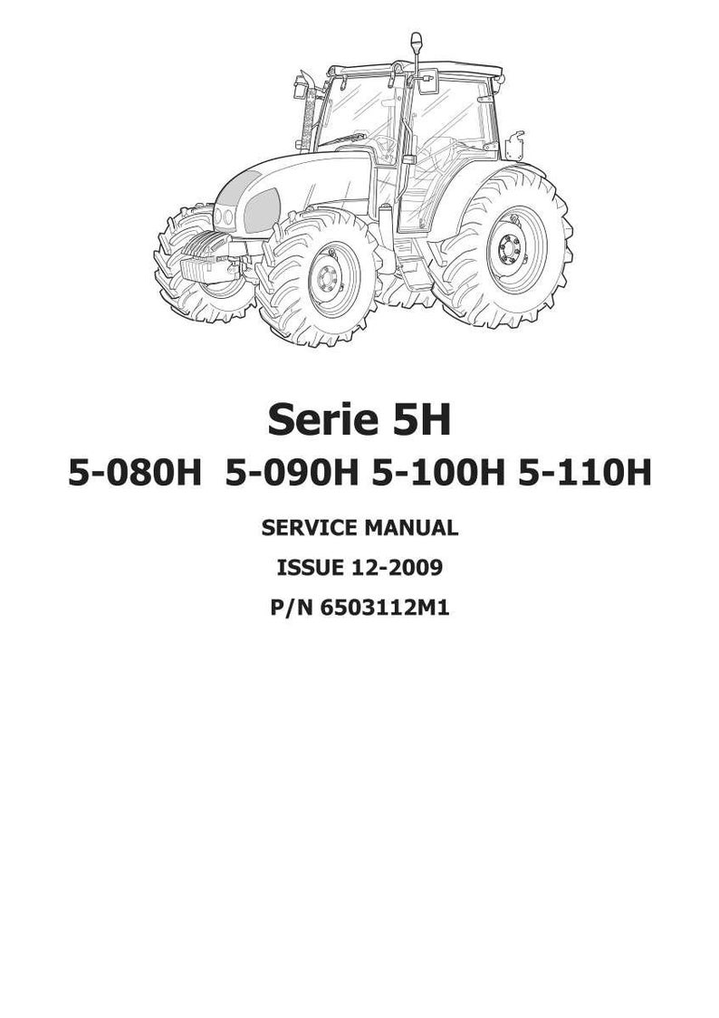 Może przedstawiać: Rysunek linii ciągnika z tekstem "Serie 5H" i numerami modeli. Pod obrazem ciągnika znajdują się słowa "SERVICE MANUAL" i "ISSUE 12-2009". Numer części to P/N 6503112M1.