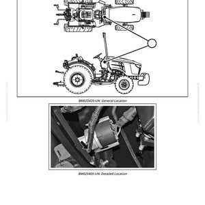 K&ouml;nnte beinhalten: Diagramm eines Schl&uuml;sselschalters, gekennzeichnet mit XS01-2, mit zwei Traktorillustrationen. Eine zeigt eine allgemeine Position, die andere eine detaillierte Position. Der Text "BM025425-UN: General Location" und "BM025405-UN: Detailed Location" sind ebenfalls enthalten.