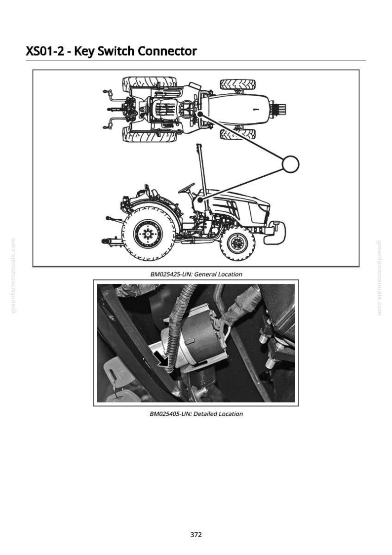 K&ouml;nnte beinhalten: Diagramm eines Schl&uuml;sselschalters, gekennzeichnet mit XS01-2, mit zwei Traktorillustrationen. Eine zeigt eine allgemeine Position, die andere eine detaillierte Position. Der Text "BM025425-UN: General Location" und "BM025405-UN: Detailed Location" sind ebenfalls enthalten.
