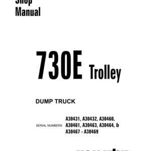 Op de afbeelding: Een witte werkplaatshandboekcover met zwarte tekst. De titel luidt "730E Trolley" en "Dump Truck" staat eronder. Serienummers worden vermeld. Het Komatsu-logo staat onderaan.
