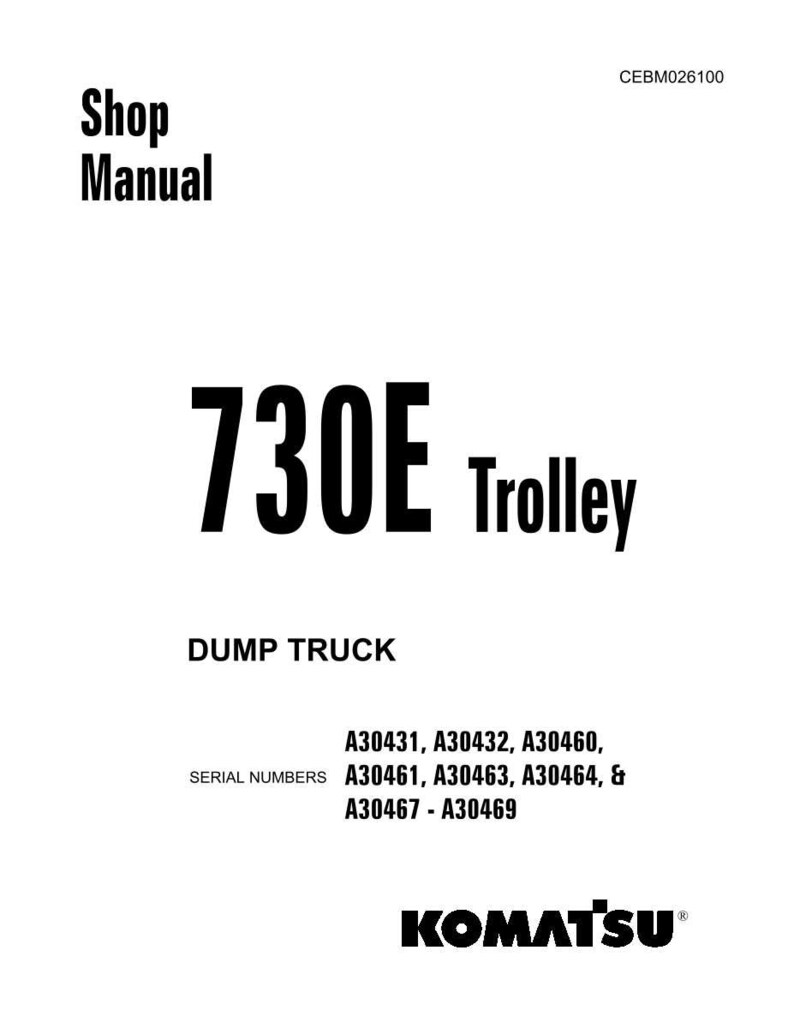 Op de afbeelding: Een witte werkplaatshandboekcover met zwarte tekst. De titel luidt "730E Trolley" en "Dump Truck" staat eronder. Serienummers worden vermeld. Het Komatsu-logo staat onderaan.