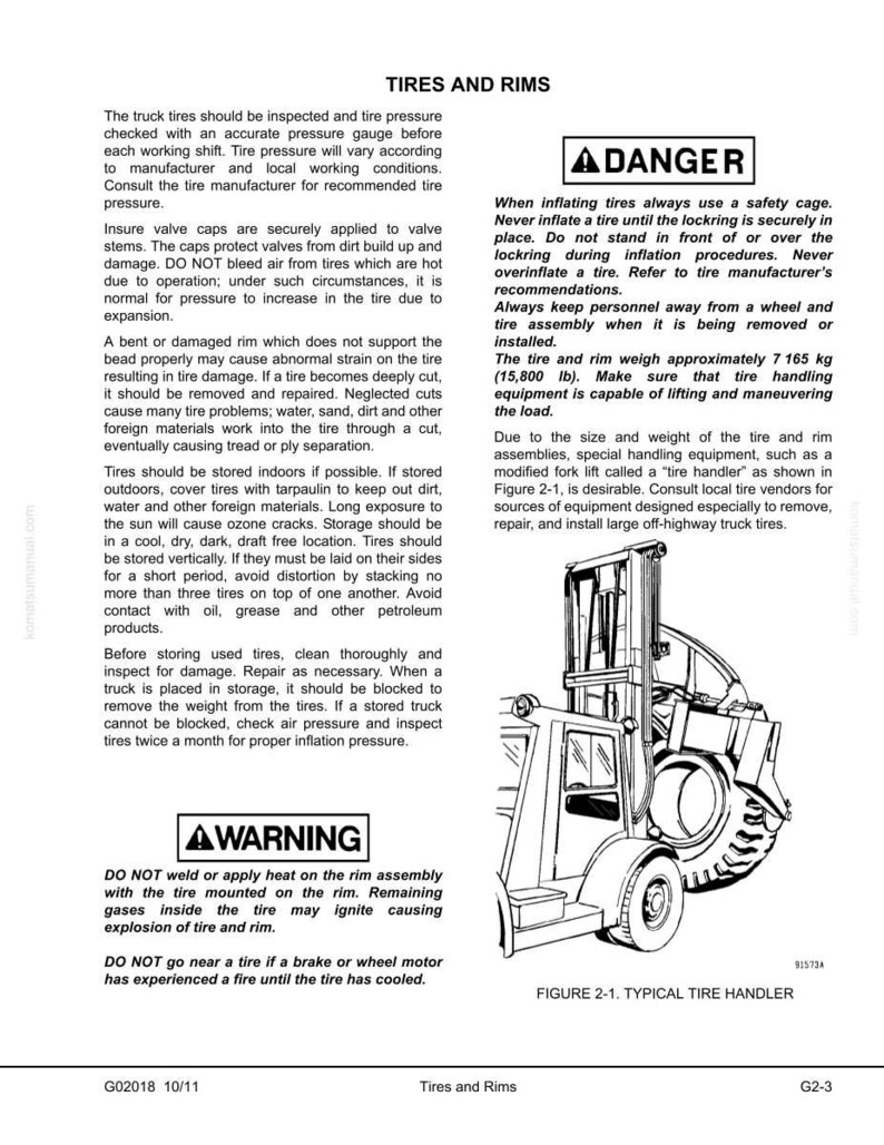 May include: An informational diagram titled "Tires and Rims" with safety warnings and instructions. It includes a forklift illustration, tire handling guidelines, and cautions about tire inflation and storage.
