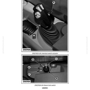 May include: Black and white diagram of machinery controls. The image includes close-ups of an interlock switch actuator and a boom lock switch. Labels and arrows point to various components, with text indicating their functions.