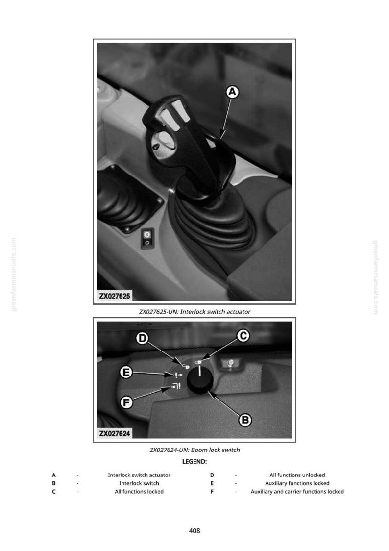 May include: Black and white diagram of machinery controls. The image includes close-ups of an interlock switch actuator and a boom lock switch. Labels and arrows point to various components, with text indicating their functions.