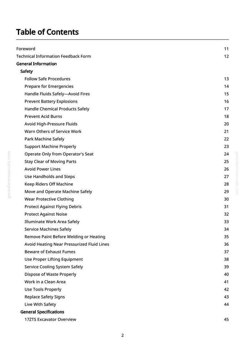 May include: A document with a black and white print titled "Table of Contents". It lists safety procedures, such as handling fluids, preventing explosions, and avoiding hazards. The document is a manual.