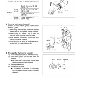 May include: Diagram of a tilt cylinder disassembly and assembly process. Includes illustrations of a wrench, cylinder, piston rod, and various components. Text instructions detail the removal of parts and precautions.