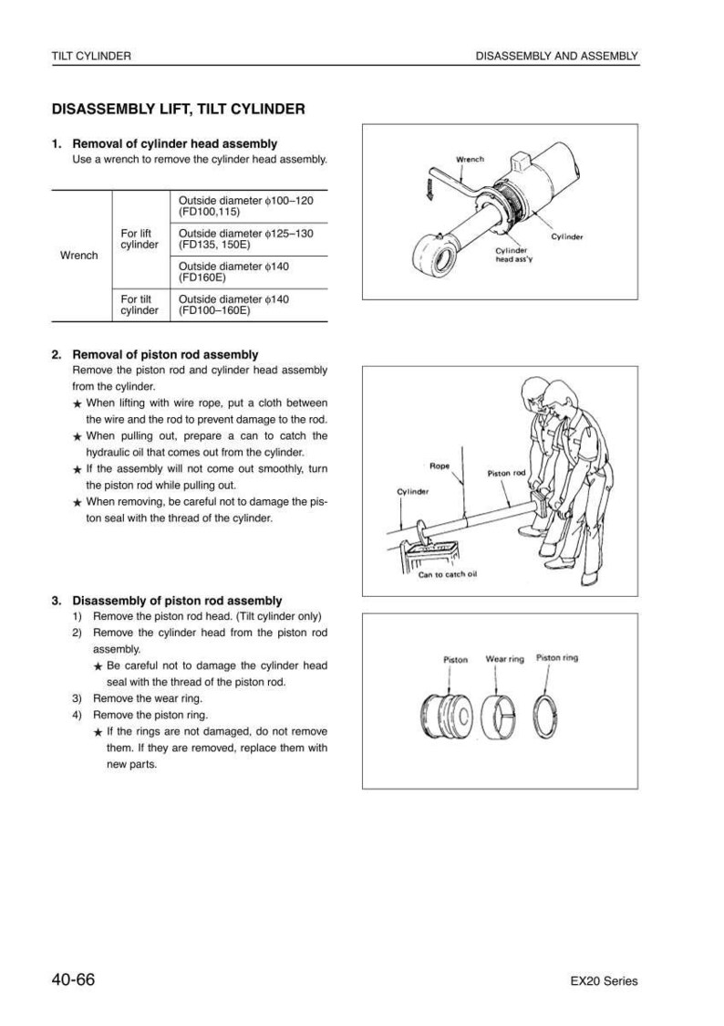 May include: Diagram of a tilt cylinder disassembly and assembly process. Includes illustrations of a wrench, cylinder, piston rod, and various components. Text instructions detail the removal of parts and precautions.