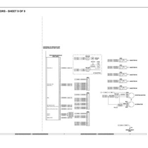May include: Diagram of electrical connectors, sheet 9 of 9, with text labels and schematic symbols. The diagram includes components for the engine module, injectors, starting motor, and alternator. The image is in black and white.