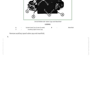 K&ouml;nnte beinhalten: Diagramm einer schwarzen Ventilkappe und einer Verteilerbaugruppe mit sechs Innensechskantschrauben. Das Bild enth&auml;lt Etiketten und eine Legende zur Identifizierung der Teile. Der Text unten weist darauf hin, die Hilfsventilspulenkappe und den Verteiler zu entfernen.