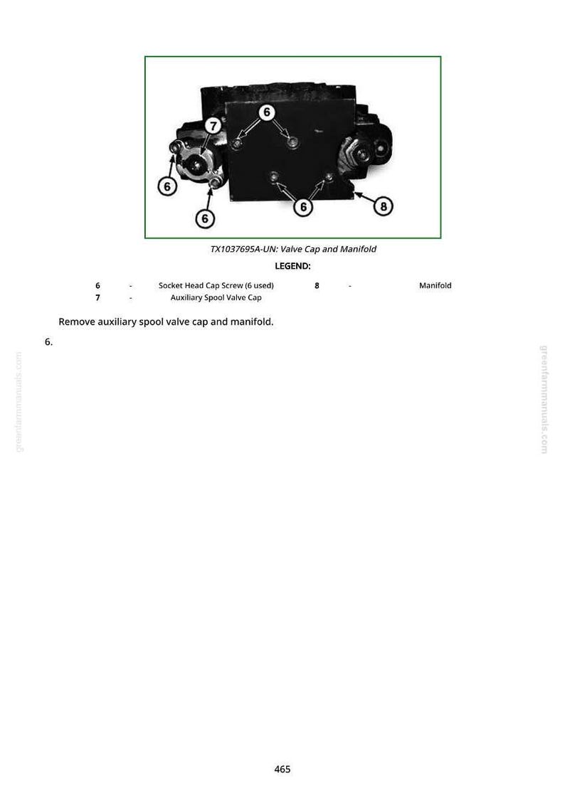 K&ouml;nnte beinhalten: Diagramm einer schwarzen Ventilkappe und einer Verteilerbaugruppe mit sechs Innensechskantschrauben. Das Bild enth&auml;lt Etiketten und eine Legende zur Identifizierung der Teile. Der Text unten weist darauf hin, die Hilfsventilspulenkappe und den Verteiler zu entfernen.