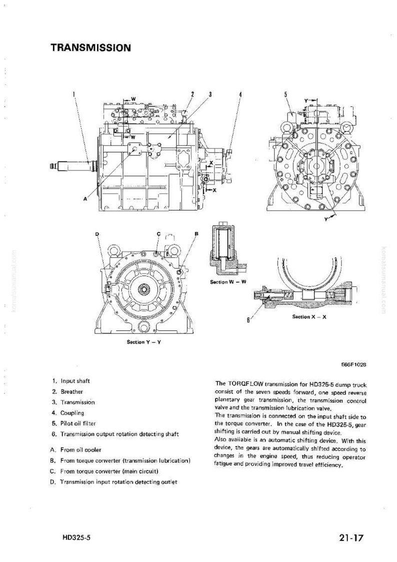 May include: Diagram of a transmission system labeled "TRANSMISSION." The image shows multiple views of the system, including cross-sections and detailed components. Text labels identify parts like the input shaft, breather, and coupling. The HD325-5 model is referenced.