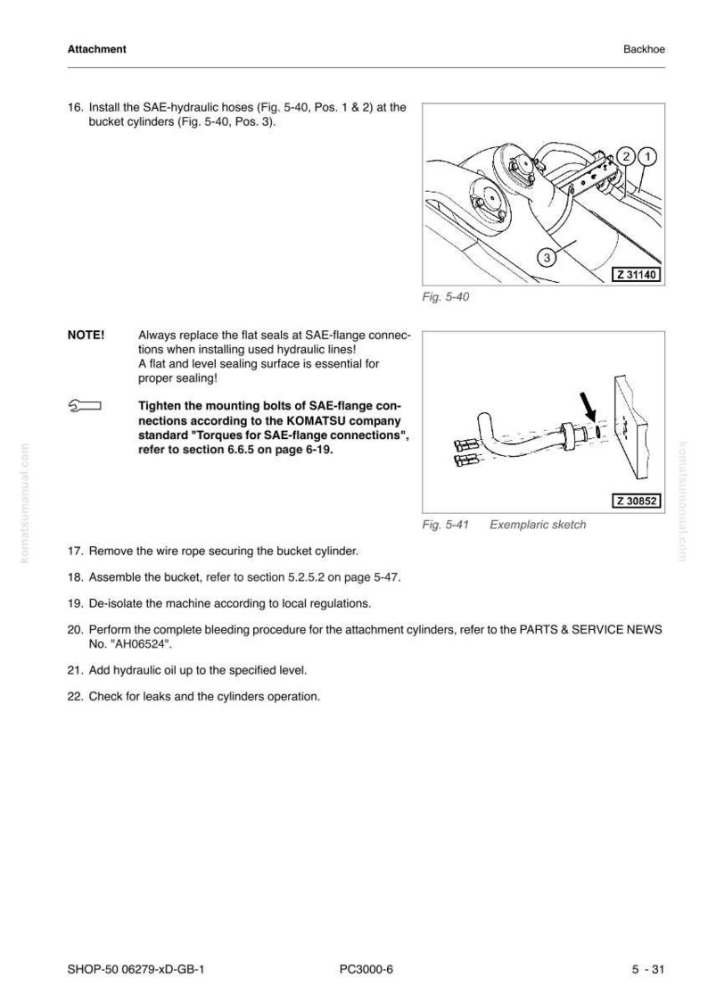 May include: Diagram from a manual showing the installation of SAE-hydraulic hoses on a backhoe. Includes detailed illustrations of hose connections and an exemplary sketch. Text includes instructions and part numbers.