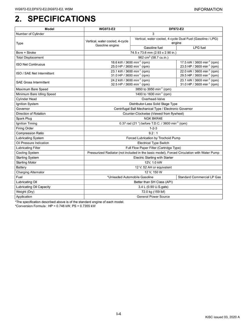May include: Specifications table for WG972-E2 and DF972-E2 engines, detailing models, cylinder numbers, fuel types, and performance metrics. Includes bore and stroke measurements in inches, and weight in pounds.