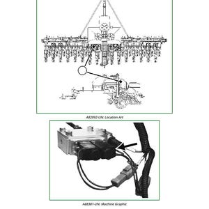 May include: Technical diagrams of agricultural machinery. The top image is a detailed line drawing of a large piece of equipment, labeled "A82892-UN: Location Art." The bottom image shows a machine graphic of a component, labeled "A88381-UN: Machine Graphic."
