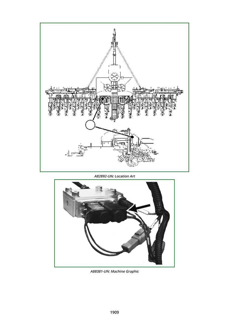 May include: Technical diagrams of agricultural machinery. The top image is a detailed line drawing of a large piece of equipment, labeled "A82892-UN: Location Art." The bottom image shows a machine graphic of a component, labeled "A88381-UN: Machine Graphic."