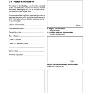 K&ouml;nnte beinhalten: Eine Seite aus einem Traktorhandbuch mit der &Uuml;berschrift "Einf&uuml;hrung" und "Abschnitt 2 - Traktoridentifizierung und technische Daten". Die Seite enth&auml;lt Abschnitte f&uuml;r Seriennummern, Traktortyp und Besitzerinformationen.