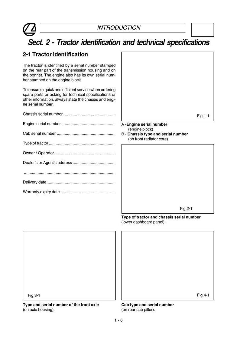 K&ouml;nnte beinhalten: Eine Seite aus einem Traktorhandbuch mit der &Uuml;berschrift "Einf&uuml;hrung" und "Abschnitt 2 - Traktoridentifizierung und technische Daten". Die Seite enth&auml;lt Abschnitte f&uuml;r Seriennummern, Traktortyp und Besitzerinformationen.