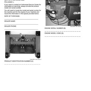 May include: Product identification document for a QuikTrak (Fixed Deck) 652B machine. Includes sections for recording the date of purchase, dealer name, and phone number. Also shows engine serial number and model code.