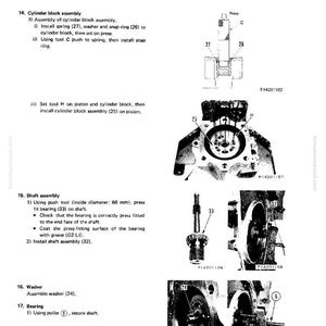 Op de afbeelding: Diagram van een cilinderblokassemblage met gedetailleerde instructies en illustraties. Bevat onderdelen zoals veren, ringen, borgringen en lagers. De tekst bevat afmetingen in millimeters.