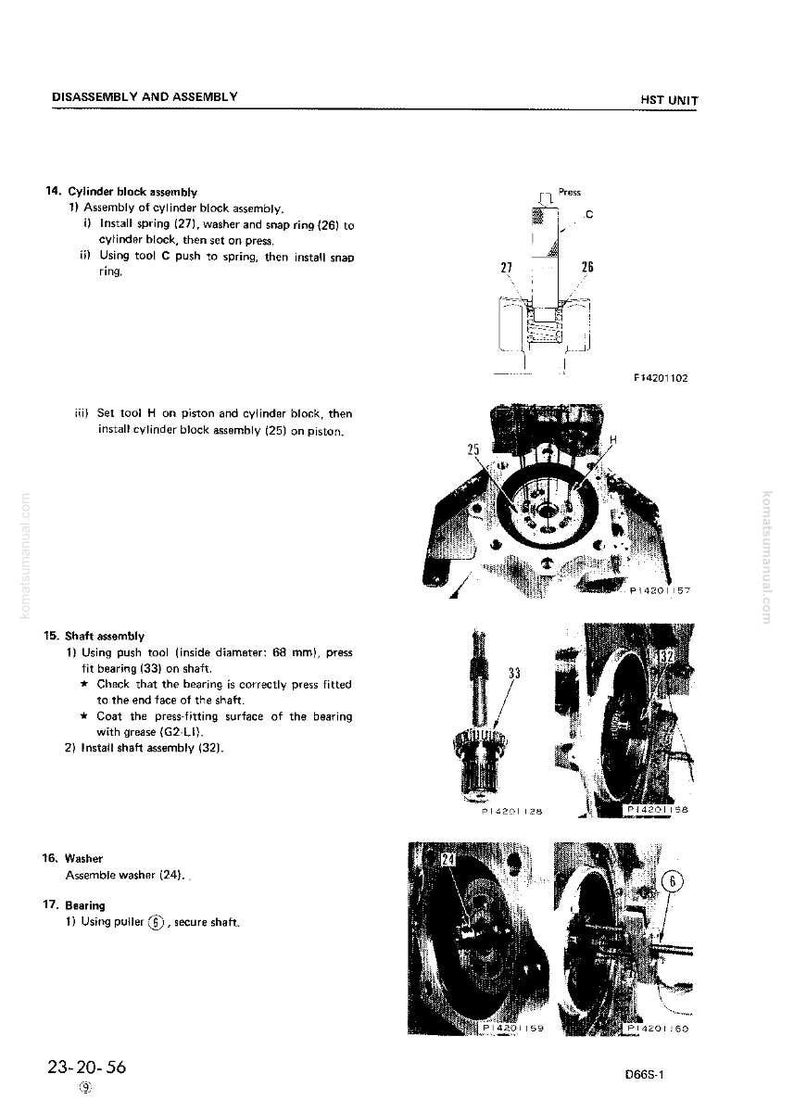 Op de afbeelding: Diagram van een cilinderblokassemblage met gedetailleerde instructies en illustraties. Bevat onderdelen zoals veren, ringen, borgringen en lagers. De tekst bevat afmetingen in millimeters.