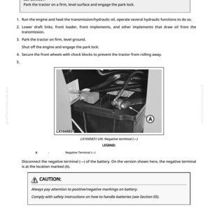 May include: Diagram of a tractor battery with the negative terminal highlighted. The image includes instructions for draining transmission/hydraulic oil, emphasizing safety precautions and the importance of proper maintenance procedures.