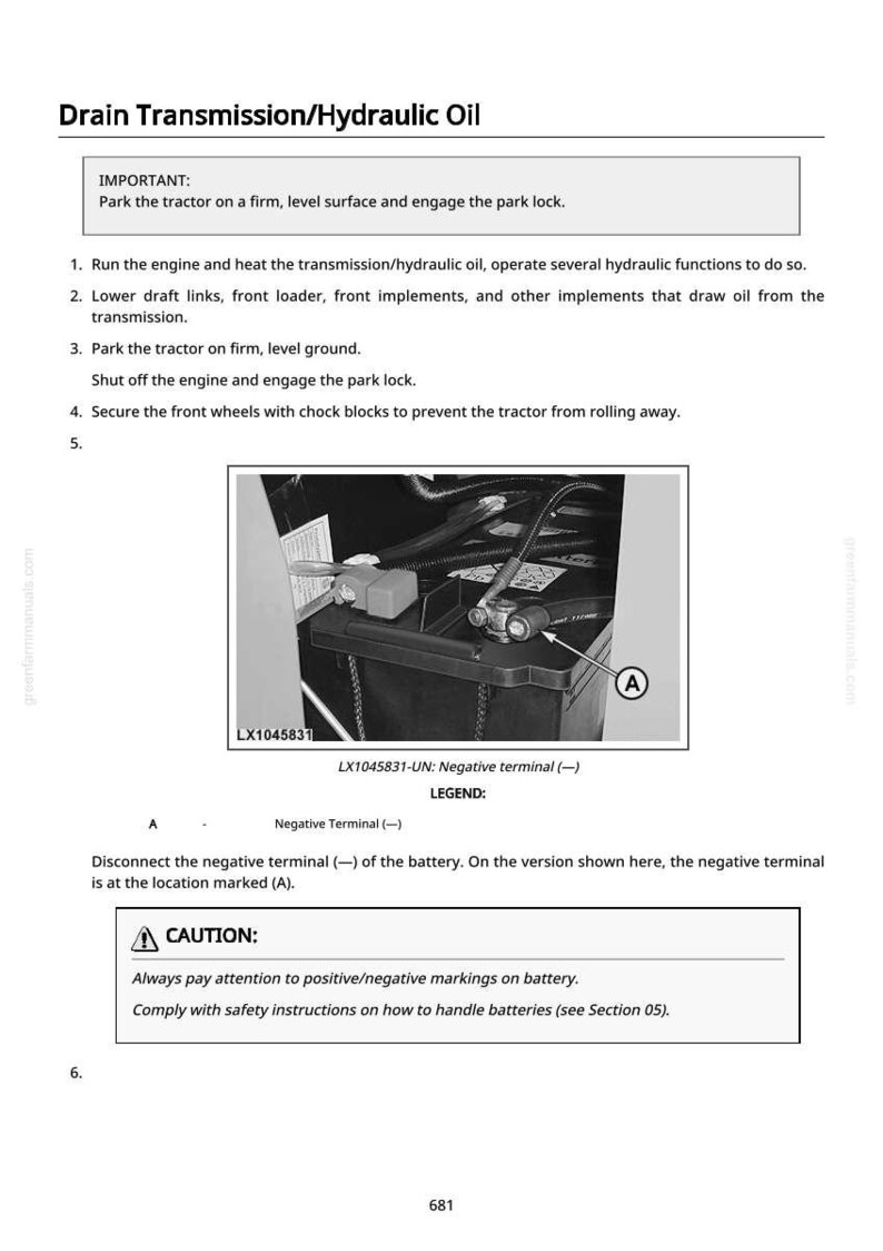 May include: Diagram of a tractor battery with the negative terminal highlighted. The image includes instructions for draining transmission/hydraulic oil, emphasizing safety precautions and the importance of proper maintenance procedures.