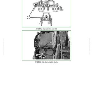 Puede incluir: Diagrama de un enfriador de aceite hidr&aacute;ulico, etiquetado como "H1 - Hydraulic Oil Cooler". La imagen incluye un diagrama de l&iacute;nea y una fotograf&iacute;a del enfriador. El texto incluye "N102812-UN: Location Line Art" y "N102820-UN: Hydraulic Oil Cooler."