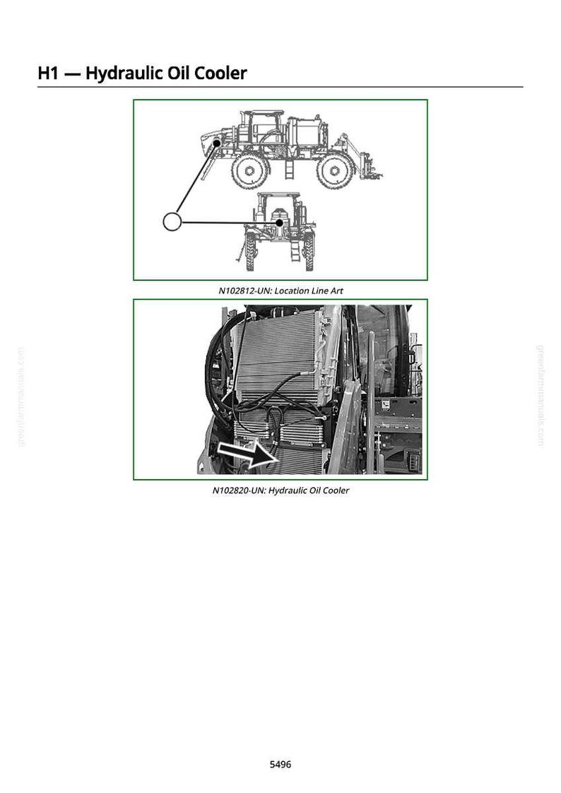 Puede incluir: Diagrama de un enfriador de aceite hidr&aacute;ulico, etiquetado como "H1 - Hydraulic Oil Cooler". La imagen incluye un diagrama de l&iacute;nea y una fotograf&iacute;a del enfriador. El texto incluye "N102812-UN: Location Line Art" y "N102820-UN: Hydraulic Oil Cooler."