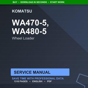 K&ouml;nnte beinhalten: Ein digitales Servicehandbuch f&uuml;r Komatsu WA470-5 und WA480-5 Radlader. Das Cover ist dunkelblau mit wei&szlig;em Text, einschlie&szlig;lich des Komatsu-Logos und der Worte "SERVICE MANUAL". Das Handbuch umfasst 1316 Seiten.