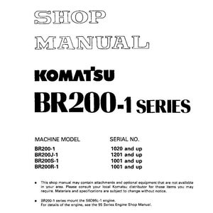 K&ouml;nnte beinhalten: Ein wei&szlig;es Werkstatthandbuch mit dem Titel "SHOP MANUAL" in fetter, umrandeter Schrift. Das Komatsu-Logo und "BR200-1 SERIES" sind deutlich sichtbar. Enth&auml;lt Details zu Maschinenmodell und Seriennummer.