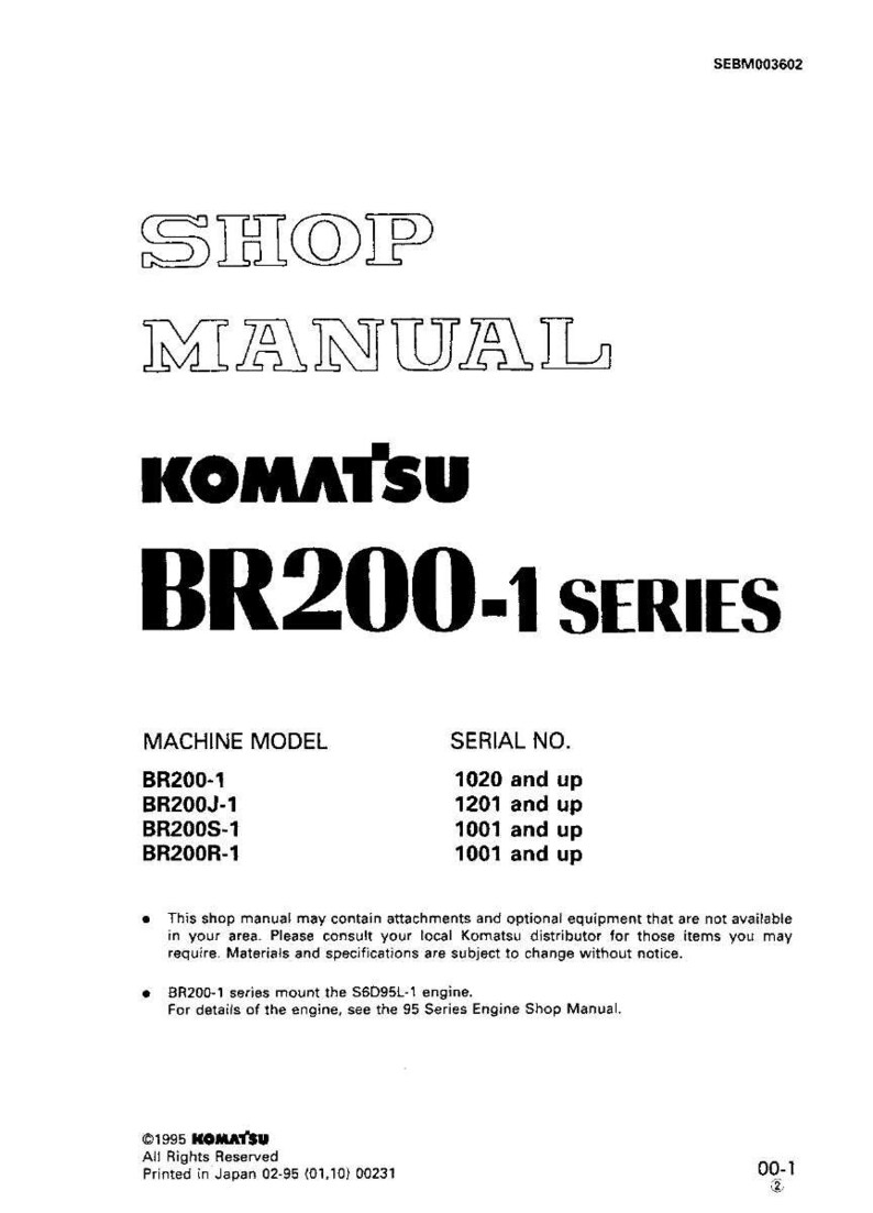 K&ouml;nnte beinhalten: Ein wei&szlig;es Werkstatthandbuch mit dem Titel "SHOP MANUAL" in fetter, umrandeter Schrift. Das Komatsu-Logo und "BR200-1 SERIES" sind deutlich sichtbar. Enth&auml;lt Details zu Maschinenmodell und Seriennummer.