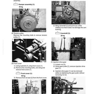 May include: Black and white technical diagram showing engine disassembly steps. Includes images of a damper assembly (45 kg), camshaft (20 kg), front cover (65 kg), and other components with numbered instructions.
