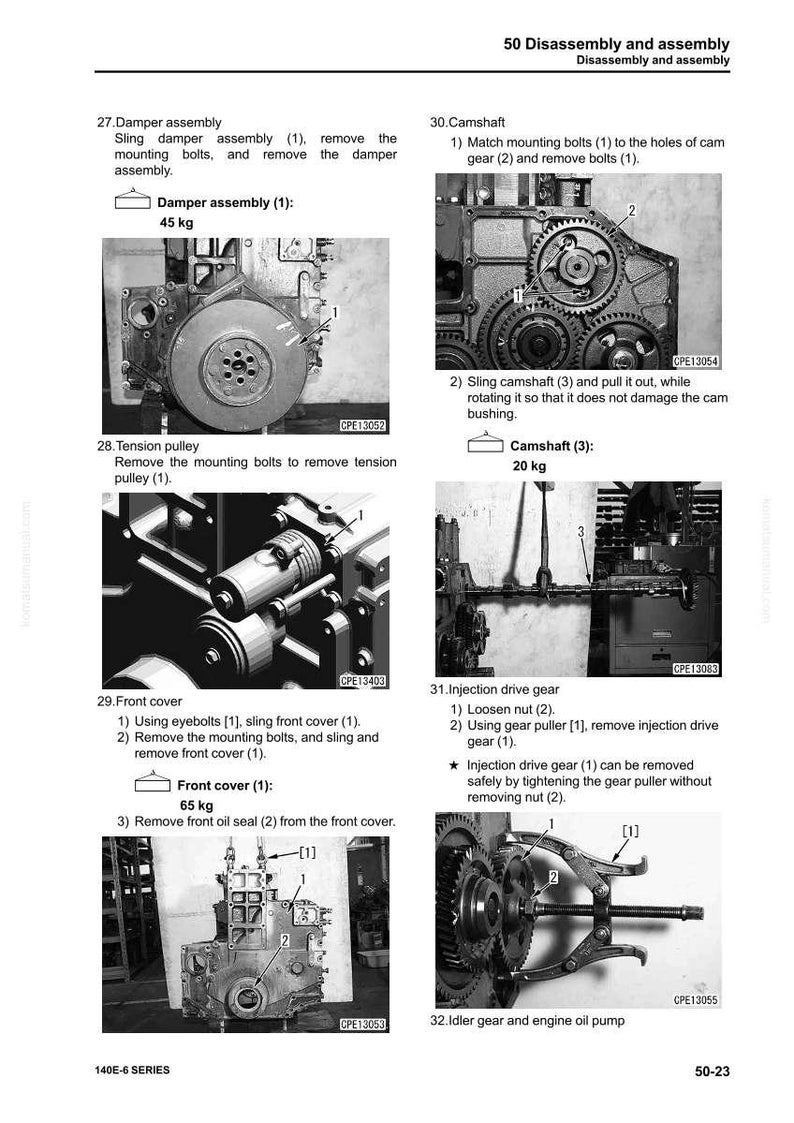 May include: Black and white technical diagram showing engine disassembly steps. Includes images of a damper assembly (45 kg), camshaft (20 kg), front cover (65 kg), and other components with numbered instructions.