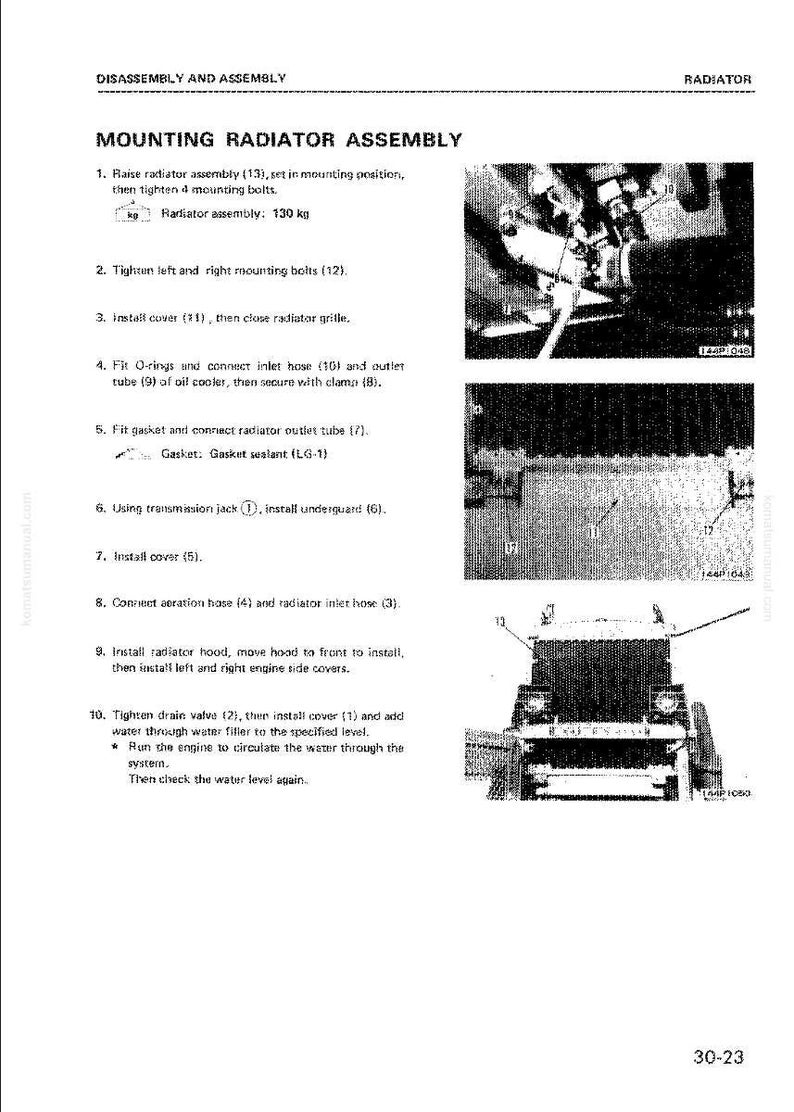 May include: A page from a manual detailing the mounting of a radiator assembly. The text includes instructions and diagrams, with measurements in kilograms. The image shows various components and steps for installation.