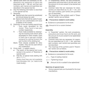 May include: A page from a manual detailing disassembly and assembly procedures. It includes sections on special tools, disassembly, and assembly, with symbols for safety precautions and guidance. The text is in black and white.