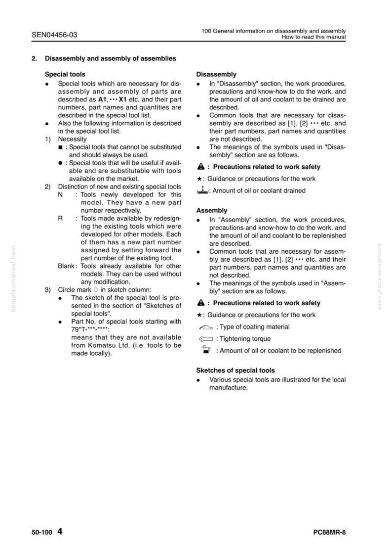 May include: A page from a manual detailing disassembly and assembly procedures. It includes sections on special tools, disassembly, and assembly, with symbols for safety precautions and guidance. The text is in black and white.