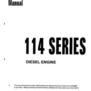 May include: A white shop manual with the text "Shop Manual" in bold black font. The manual's title is "114 SERIES DIESEL ENGINE" in large, bold black letters. The document includes additional text and the date "March 2000".