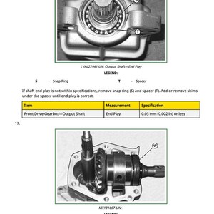 K&ouml;nnte beinhalten: Diagramm einer Vorderachsgetriebe-Abtriebswellenbaugruppe. Das Bild enth&auml;lt eine detaillierte Ansicht der Welle, des Sicherungsrings und des Abstandshalters. Der Text gibt an, dass das Axialspiel 0,05 mm oder weniger betragen soll. Ein &Ouml;ldichtung ist ebenfalls abgebildet.