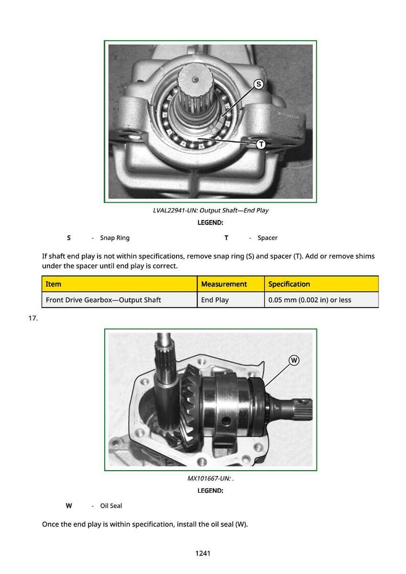K&ouml;nnte beinhalten: Diagramm einer Vorderachsgetriebe-Abtriebswellenbaugruppe. Das Bild enth&auml;lt eine detaillierte Ansicht der Welle, des Sicherungsrings und des Abstandshalters. Der Text gibt an, dass das Axialspiel 0,05 mm oder weniger betragen soll. Ein &Ouml;ldichtung ist ebenfalls abgebildet.