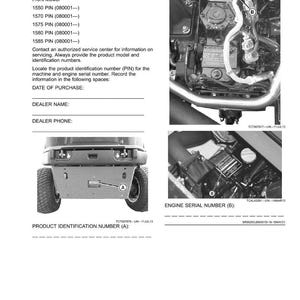 May include: Product identification guide for a front mower. Includes diagrams of the engine and mower components, with labels for product identification number (A) and engine serial number (B). Also includes spaces to record the date of purchase, dealer name, and dealer phone.