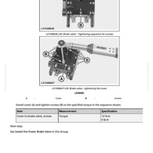 May include: Diagram of a brake valve with numbered screw locations and tightening sequence instructions. Includes torque specifications of 12 N-m or 9 lb-ft. The image also shows the cover installation process.