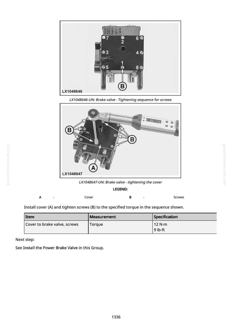 May include: Diagram of a brake valve with numbered screw locations and tightening sequence instructions. Includes torque specifications of 12 N-m or 9 lb-ft. The image also shows the cover installation process.