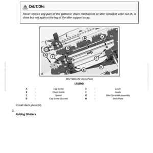 K&ouml;nnte beinhalten: Diagramm der einstellbaren Deckplatten mit den Bezeichnungen A bis H. Das Bild enth&auml;lt eine Warnung bez&uuml;glich der Wartung des Sammelkettensystems. Die Legende identifiziert Teile wie Schrauben, Kettenf&uuml;hrungen und die Leerlaufkettenradbaugruppe.